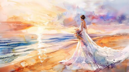 Watercolor painting of a bride in a wedding dress at a sunset beach, concept of bridal fashion, romantic art, serene landscapes