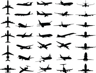 Black silhouettes of different aeroplanes