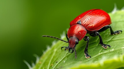 Naklejka premium Red lily beetle, perched on a green leaf, with detailed focus on its texture and color