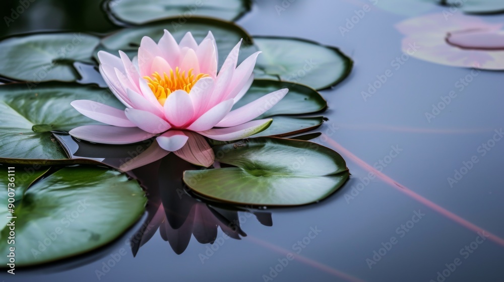 Sticker Serene lotus flower in full bloom, floating on the surface of a calm pond