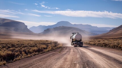 Fototapeta premium A lone tanker truck traveling along a deserted, dusty road