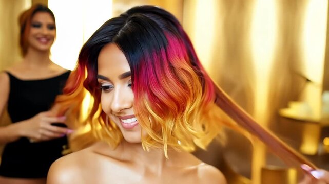 Confident Woman with Fresh Haircut and Vibrant Color