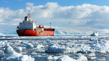 A tanker ship navigating through icy waters, surrounded by floating icebergs