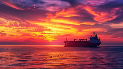 Fototapeta premium A tanker ship silhouetted against a vibrant sunset over the ocean