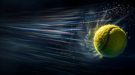 Dynamic High-Speed Capture of a Spinning Tennis Ball in Mid-AirRadiating Energy Against a Deep Black Background