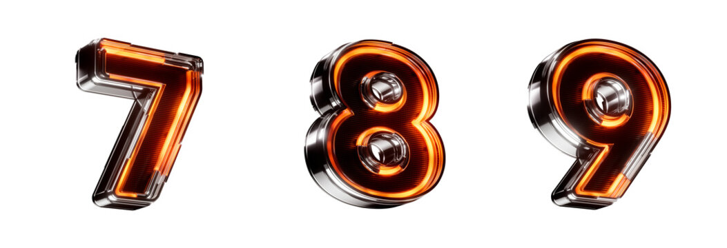 n&uacute;mero 7, 8, 9 led futurista neon. render 3d isolado em fundo transparente black friday