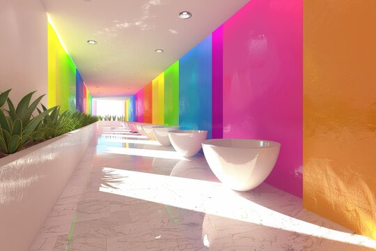 Modern and vibrant hallway with colorful walls and sleek design, creating a dynamic and visually stimulating indoor space.