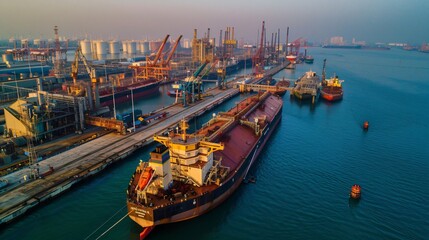 Fototapeta premium An oil tanker docking at a bustling industrial port with cranes and containers in the background