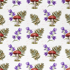 Botanical seamless pattern with fly agarics