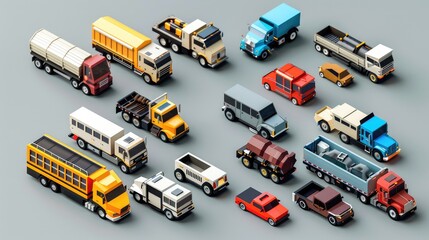 Naklejka premium Comprehensive 3D Isometric City Transport Vehicles Collection for Public and Freight
