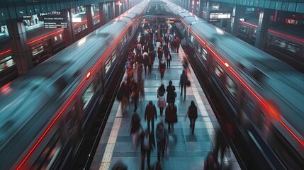 An overcrowded high-speed train station with long lines and frustrated commuters, showcasing the strain on public transportation infrastructure