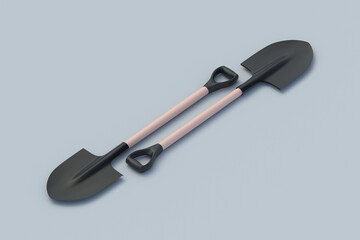 Two shovels on gray background. Garden equipment. Construction tool. 3d render