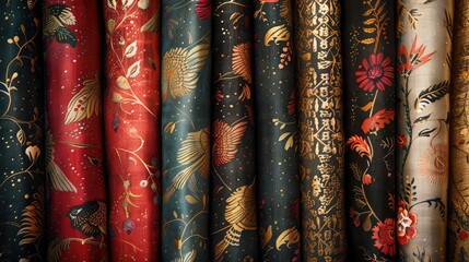 Ornate Fabric Patterns: Rich Reds, Blacks, and Golds