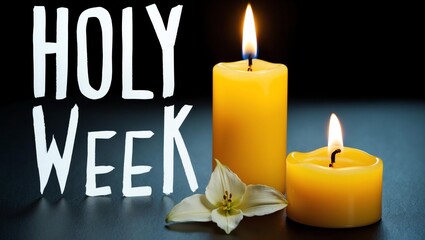 a lit yellow candle and the text holy week written in background