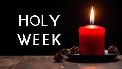 a lit red candle and the text holy week written in whi background