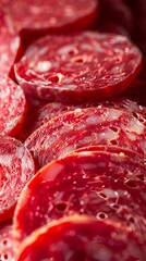 The sausage is cut into thin slices. Salami texture