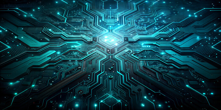 futuristic circuit board with turquoise neon lights,  tech background, International Programmers' Day, World Science Day, National Techies Day	