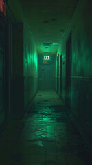 Dimly Lit Hallway with Glowing Exit Sign Representing Hope and Escape in a Dark Environment