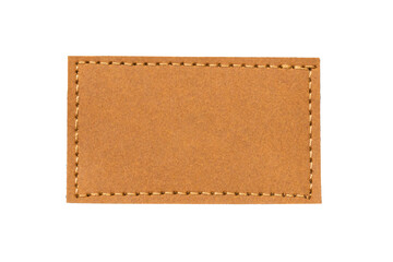Brown leather belt strap closeup isolated on white. Brown stitched leather seam frame label tag...