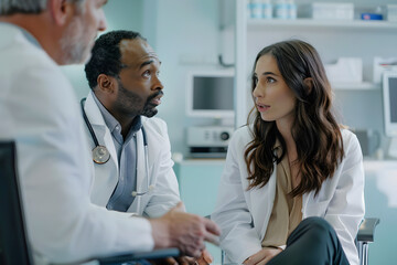 Obraz premium Healthcare professionals discussing patient care in a medical office, focus on diverse team of doctors, medical collaboration and communication