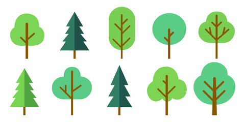 Collection of tree illustrations, nature or healthy lifestyle topics, green, flat vector illustrations.