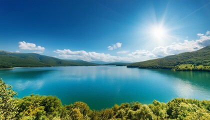 Naklejka premium Blue sky shining sun lake view 