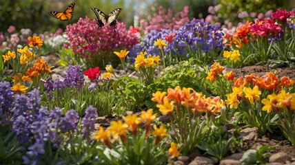 Fototapeta premium Colorful Spring Garden Blooms With Butterflies Flying Over Bright Flowers in Sunny Daylight