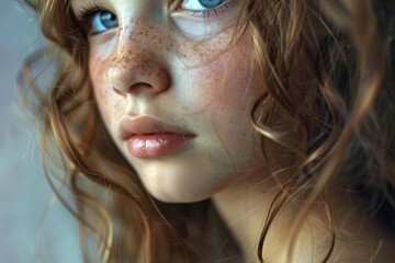 Fototapeta premium The serene beauty of a young adult woman with freckles and curly hair in a closeup portrait. Exuding graceful elegance and subtle beauty. With a natural. Reflective and contemplative look