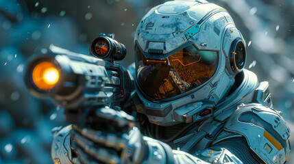 Futuristic Sci-Fi Gaming Character in Advanced Suit Shooting Weapon in Dynamic Combat Scene, Action-Packed Illustration with High-Tech Armor and Visor, Nighttime Battleground, Intense Atmosphere