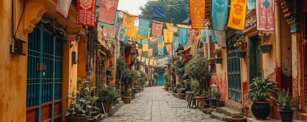 Fototapeta premium Festive banners decorated with traditional motifs hanging across pathways.