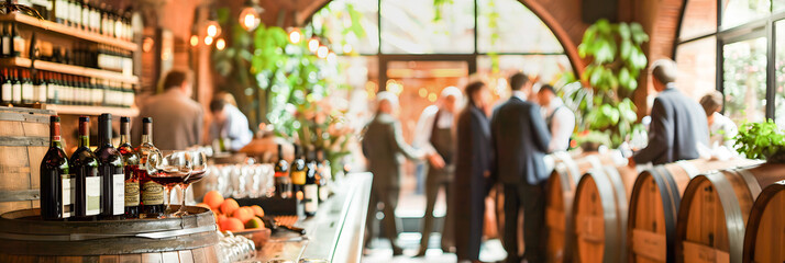 Wine tasting and pairing event in a warm and welcoming atmosphere. With a lively background with people chatting. For advertising use for social tasting and pairing events.