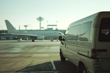 White VIP service van running on airport taxiway with big passenger aeroplane on background. Business class service at the airport. Security intelligence agency hurrying at airfield.