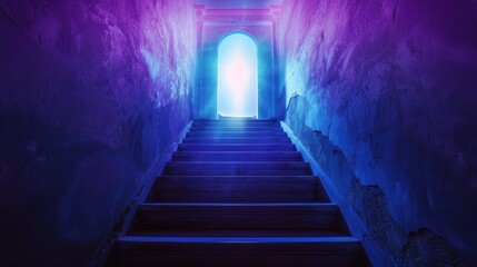 Fototapeta premium Blue and Purple Neon Light Illuminates Stairway