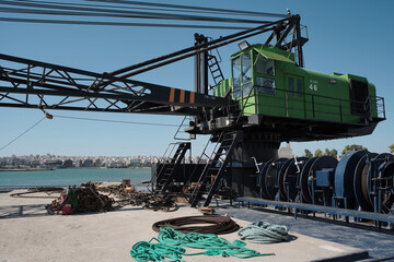 Barge dredging platform crane barge tug boat on the sea