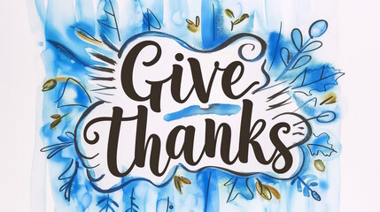 "Give Thanks" in black script with blue and green floral accents on a light background, suitable for Thanksgiving announcements, marketing, and promotional materials