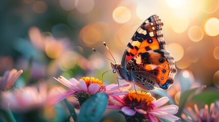 Golden hour butterfly on colorful flower, delicate mist on leaves, symbolizing tech-nature harmony