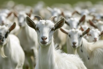 Obraz premium White goat with horns stands out in a group, looking directly at the camera with a herd behind