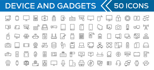 Device and technology line icon set. Electronic devices and gadgets, computer, equipment and electronics. Computer monitor, smartphone, tablet and laptop simple icon collections