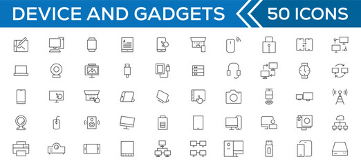 Device and technology line icon set. Electronic devices and gadgets, computer, equipment and electronics. Computer monitor, smartphone, tablet and laptop simple icon collections