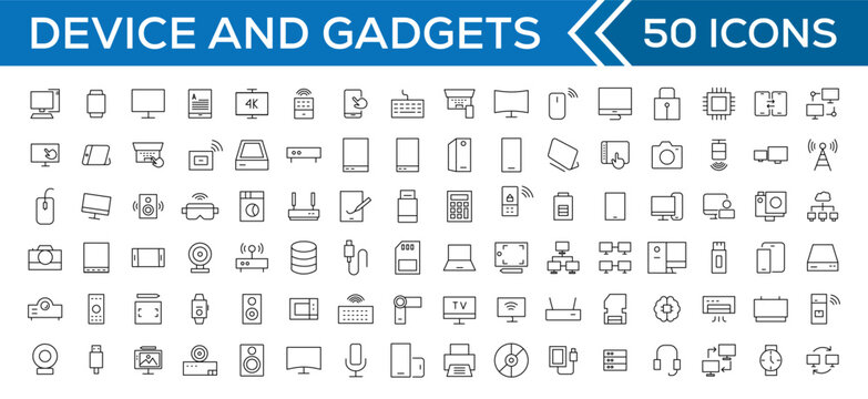 Device and technology line icon set. Electronic devices and gadgets, computer, equipment and electronics. Computer monitor, smartphone, tablet and laptop simple icon collections