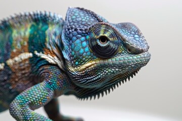 Fototapeta premium Close-up of a vibrant chameleon, detailed reptile portrait, colorful scales, sharp focus, bright and vivid image, macro photography, reptile close-up, detailed scales, vibrant colors.
