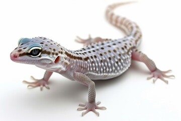 Naklejka premium Striking close-up of a leopard gecko, vivid and detailed reptile portrait, sharp focus, colorful skin pattern, bright and clear light, isolated white background, fascinating exotic pet.