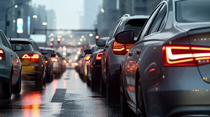 Row of cars in traffic on a rainy evening in a city, with tail lights reflecting on the wet road surface and blurred city lights in the background.