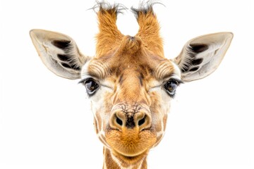 Naklejka premium Quirky giraffe with curious expression, bright and charming animal portrait, detailed fur texture, soft and warm light, isolated white background, endearing and cute safari animal.