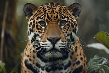 Obraz premium Striking close-up of a jaguar, intense and fierce expression, detailed fur texture, bright and clear light, natural outdoor background, powerful and majestic predator.