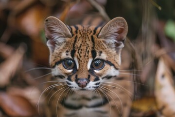 Fototapeta premium Adorable margay kitten with curious expression, bright and cute animal portrait, detailed fur texture, soft and warm light, natural outdoor background, playful and endearing animal.