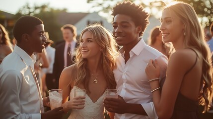 A lively outdoor social event featuring a diverse group of young adults enjoying drinks and engaging in conversation. 