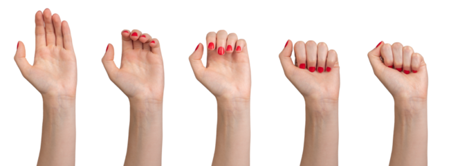 Hand clenching from palm to fist, process set, gesture isolated on white background.., transparent PNG