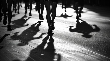 shadows of joggers running down the street, flickr, black and white art, Generative Ai 