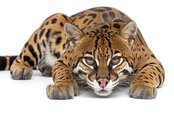 Obraz premium Fierce ocelot with intense gaze, powerful and majestic predator portrait, detailed fur texture, bright and clear light, isolated background, impressive and wild animal.